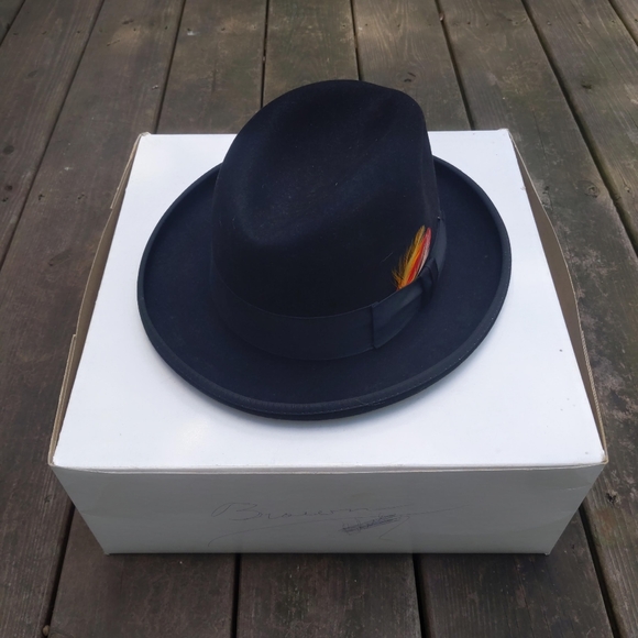 Rare! Vintage Barlesoni Black Fur Felt Feather Fedora Hat 7 56 with Box - Picture 9 of 9